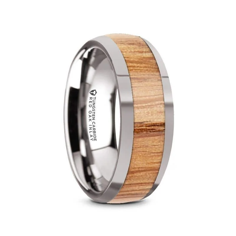 Personalized Wedding Band with Text and Gemstone-Thorsten CINDER Domed Tungsten Men's Wedding Band with Red Oak Wood Inlay - 8mm