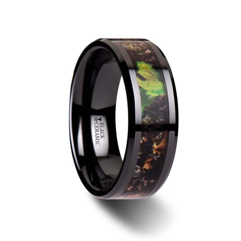 Simple Gold Ring with Custom Engraving for Personal Gifts-Thorsten NIGHTFALL Realistic Tree Camo Black Ceramic Wedding Band with Green Leaves - 8mm