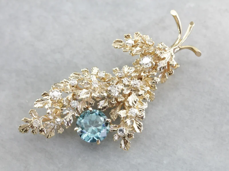 Personalized Brooch For Weddings-Vintage Glittering Floral Blue Zircon and Diamond Brooch