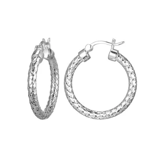 Statement Earrings for Bridesmaids-Charles Garnier 25mm Sterling Silver Mesh Hoop Earrings With a Rhodium Finish