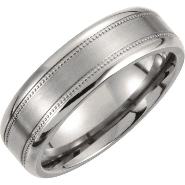 Simple Platinum Ring with Diamond Side Accents-Titanium 7 mm Satin Finish Center & Polished Milgrain Band