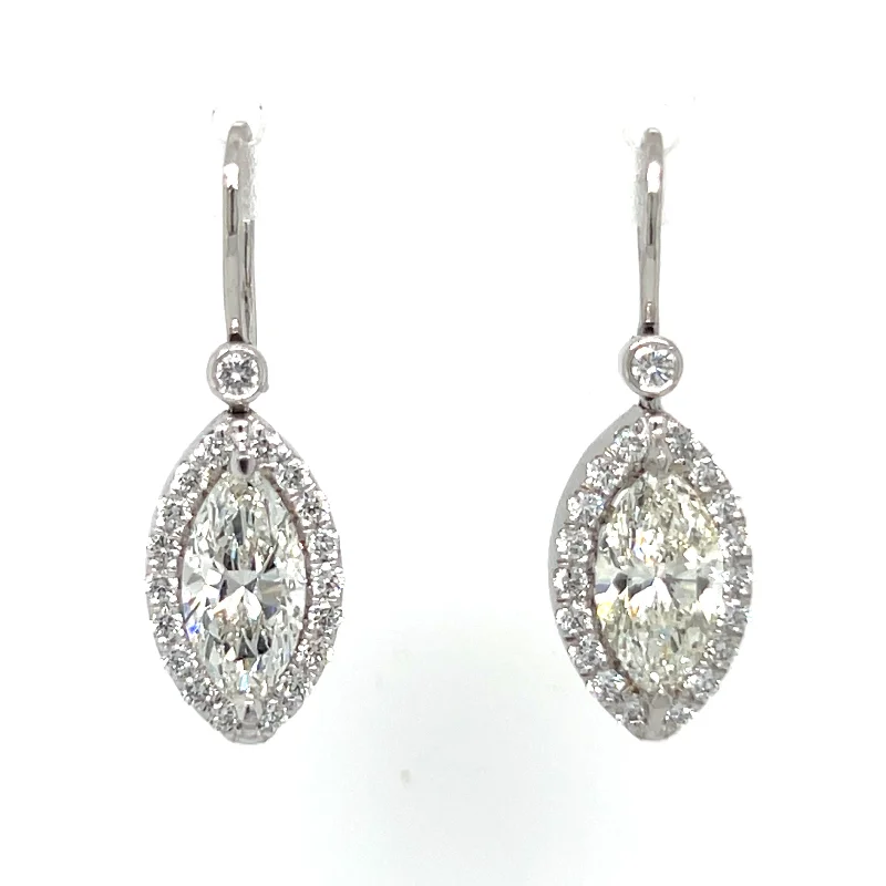 Vintage Gold Earrings for Bridesmaids-Pre-Owned Platinum Marquise Diamond Halo Dangle Earrings