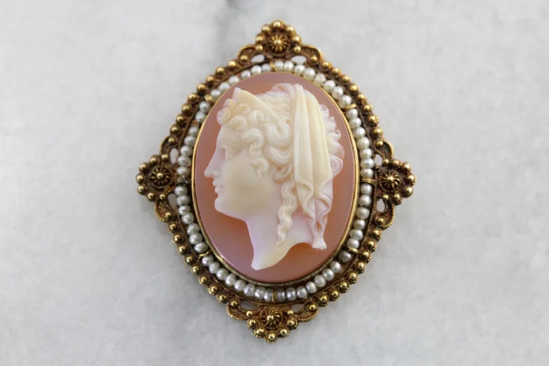 Vintage Brooch For Evening Dresses-Stunning Victorian Sardonyx Cameo Brooch or Pendant, Elegant Seed Pearl Halo