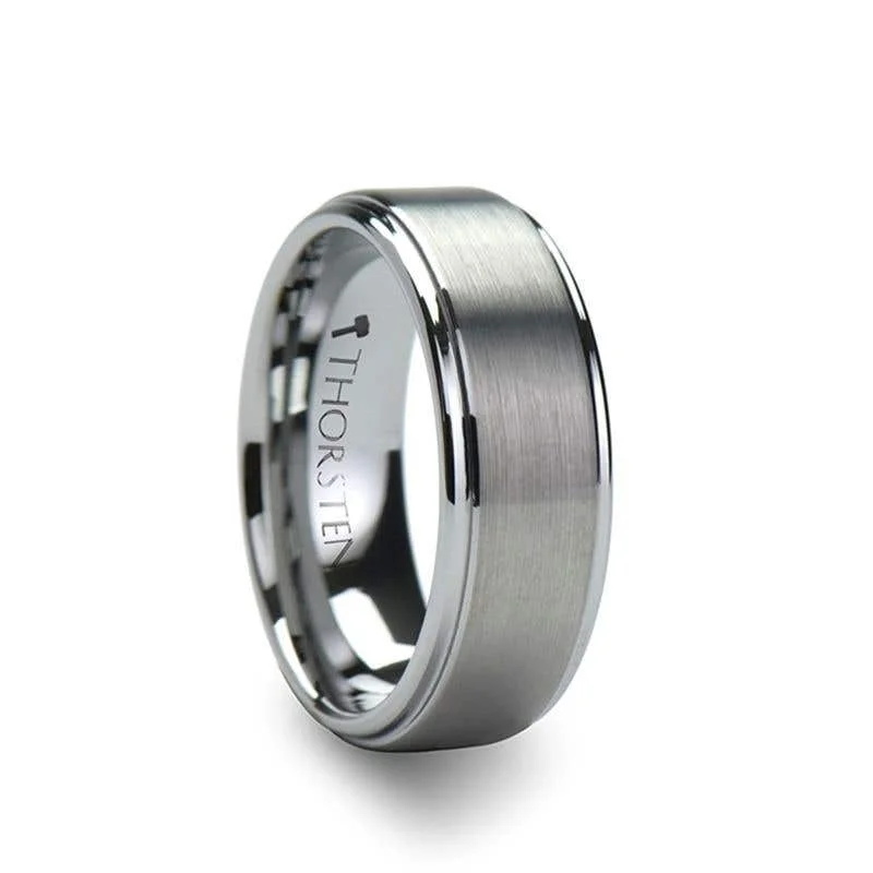 Simple Silver Ring with Birthstone for Special Occasions-Thorsten OPTIMUS Raised Center with Brush Finish Tungsten Ring - 4mm - 12mm