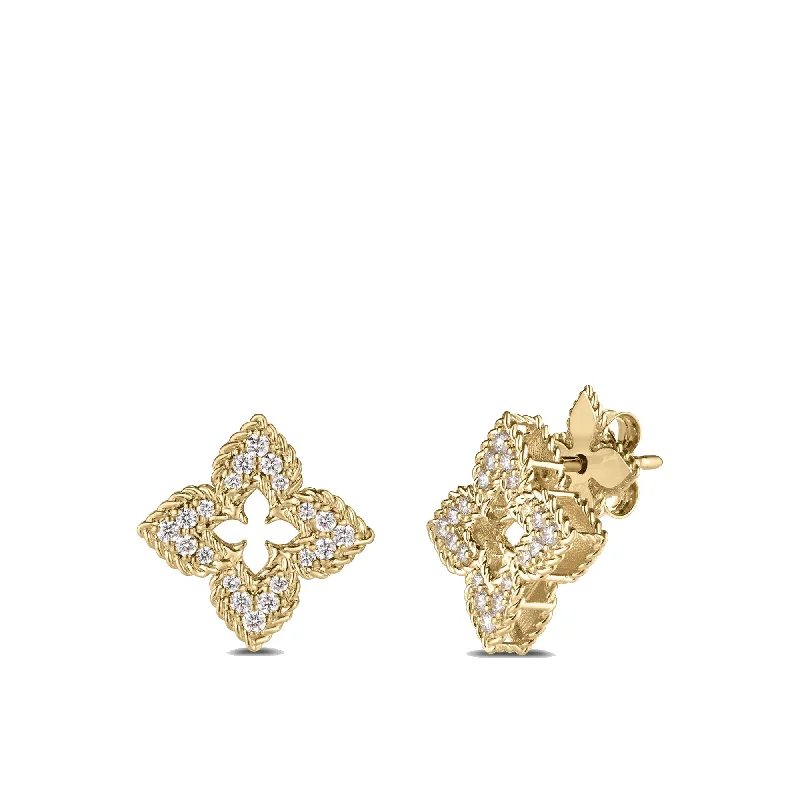 Classic Silver Drop Earrings-Roberto Coin 18K Yellow Gold Small Venetian Princess Pave Diamond Flower Stud Earrings