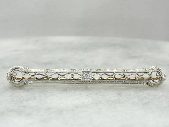 Designer Brooch With Elegant Stones-900 Platinum and Diamond Outstanding Filigree Edwaridan Bar Pin Brooch