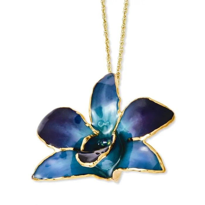 Modern Crystal Pendant Necklace for Fashionistas-Lacquer Dipped Gold Trimmed Blue and Purple Dendrobium Real Orchid Necklace