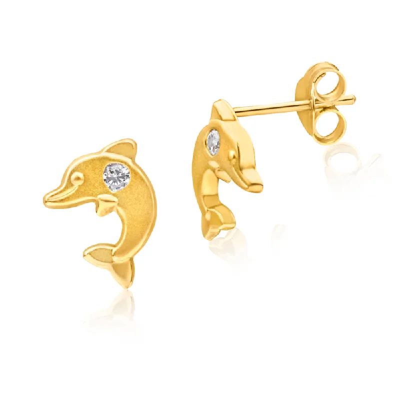 Sparkling Gold Drop Earrings for Weddings-9ct Yellow Gold Cubic Zirconia Dolphin Stud Earrings