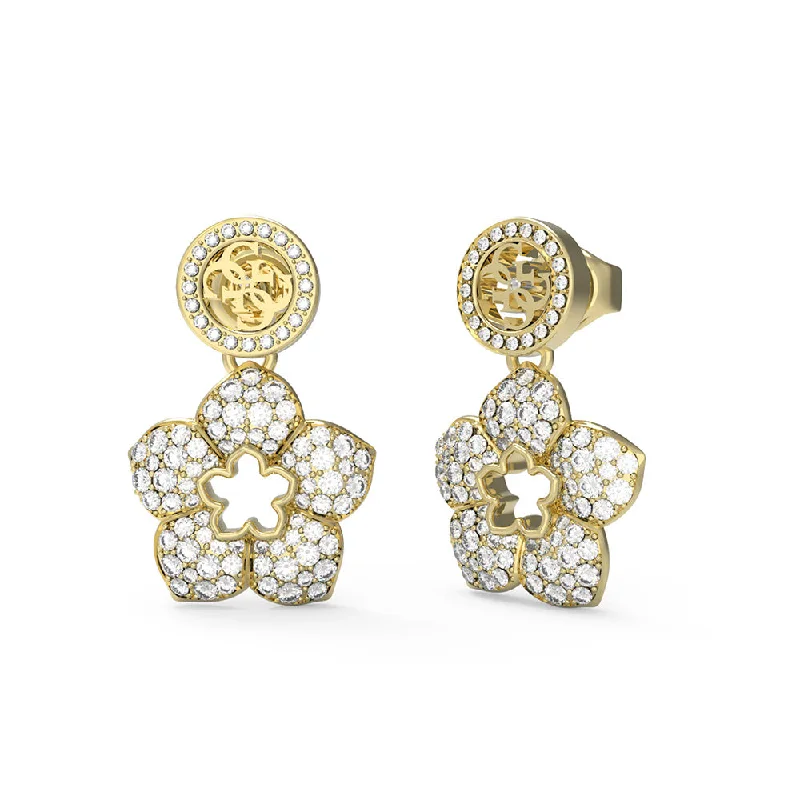 Minimalist Gold Earrings for Brides-Guess Gold Plated Stainless Steel 4G And Pave Flower Drop Earrings