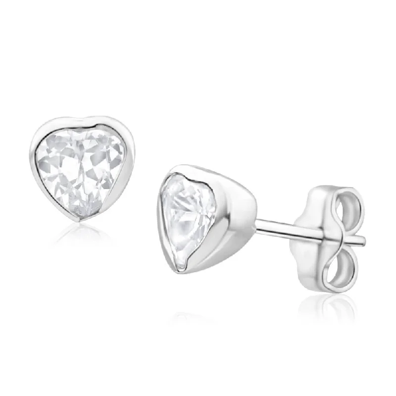 Fashionable Drop Earrings for Women-Sterling Silver Cubic Zirconia Heart Bezel Stud Earrings