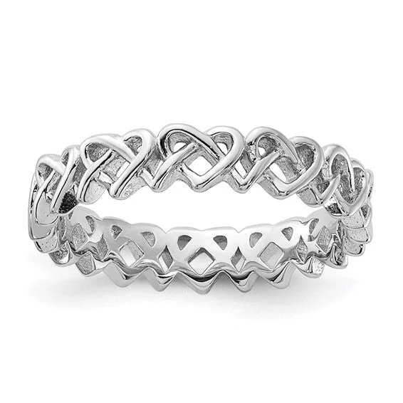 Classic Wedding Band with Channel Set Diamonds-Sterling Silver Stackable Expressions Carved Heart Knots Band Ring