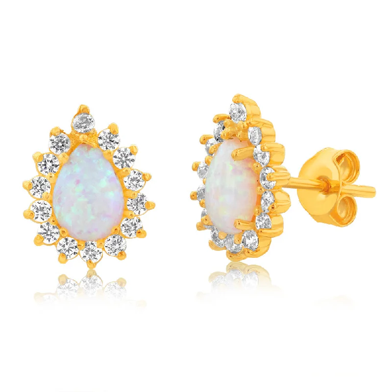 Simple Dangle Earrings for Work-Gold Plated Sterling Silver Pear Created Opal White Cubic Zirconia Studs Earrings