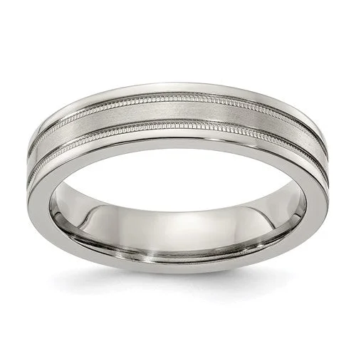 Personalized Custom Ring for Anniversaries and Gifts-Edward Mirell Titanium Brushed And Polished Flat Milgrain 5mm Band