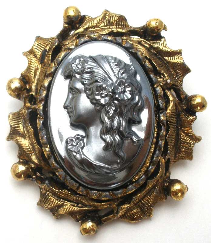 Retro Brooch For Casual Fashion-Vintage Hematite Left Facing Cameo Brooch Pin