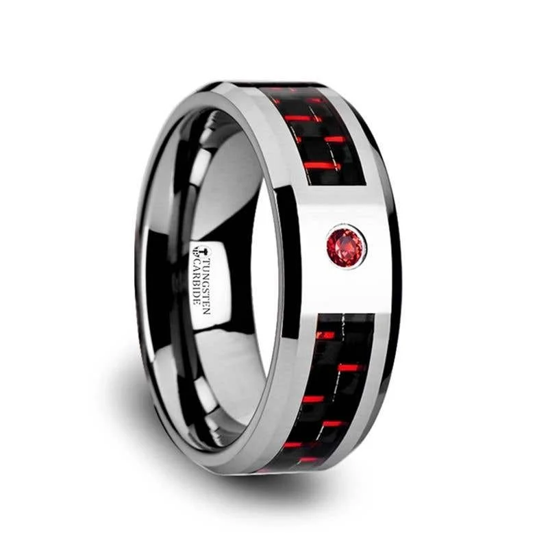 Elegant Wedding Ring with Emerald and Diamond Inlay-Thorsten ADRIAN Tungsten Carbide Ring with Black and Red Carbon Fiber and Red Ruby Setting with Bevels - 8mm