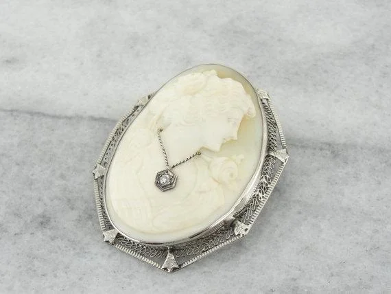 Large Brooch With Unique Design-Art Deco Cameo Habille White Gold Brooch