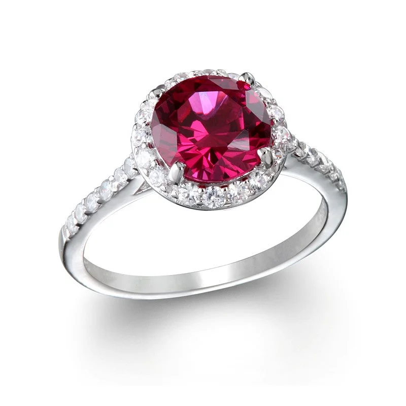 Personalized Gold Ring with Engraving for Anniversary-Sterling Silver Created Ruby Round & CZ Halo Ring