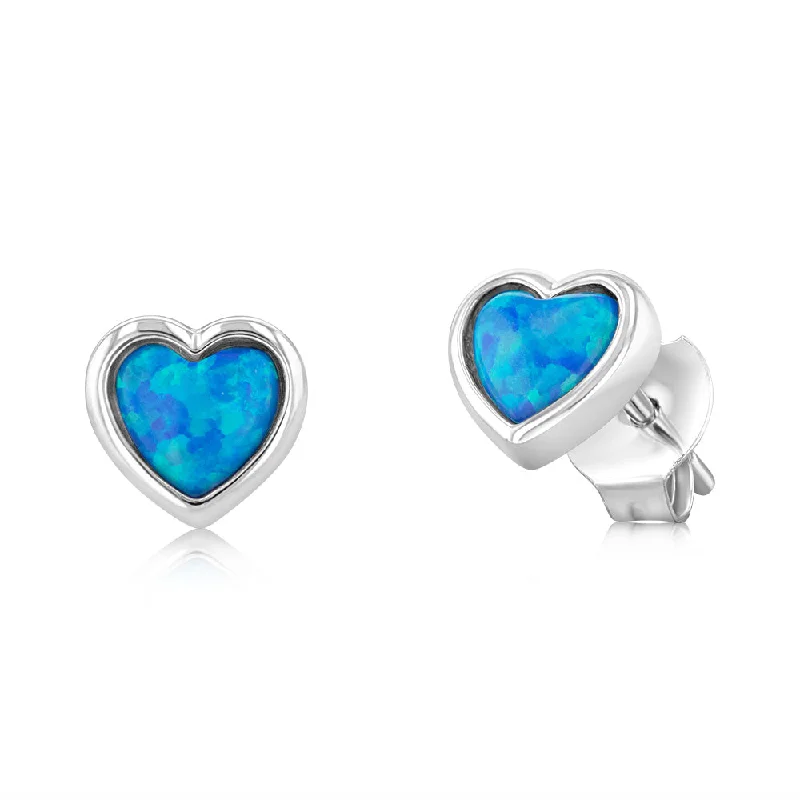 Large Gemstone Stud Earrings-Sterling Silver Heart Shaped Created Blue Opal Stud Earrings