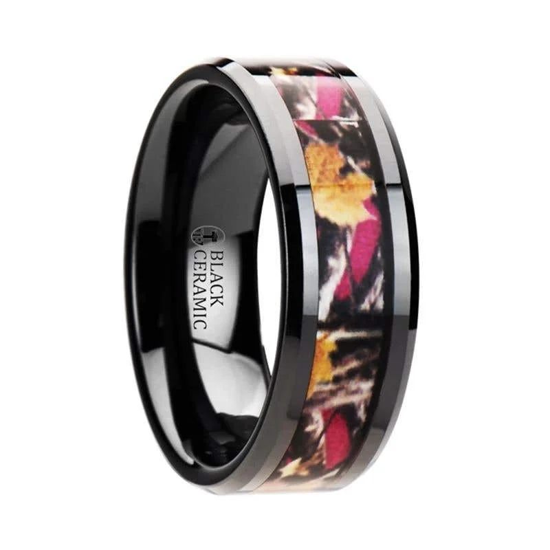 Classic Gold Ring with Emerald Cut Diamond-Thorsten LAUREL Realistic Tree Camo Black Ceramic Wedding Band with Real Pink Oak Leaves - 6mm - 8mm