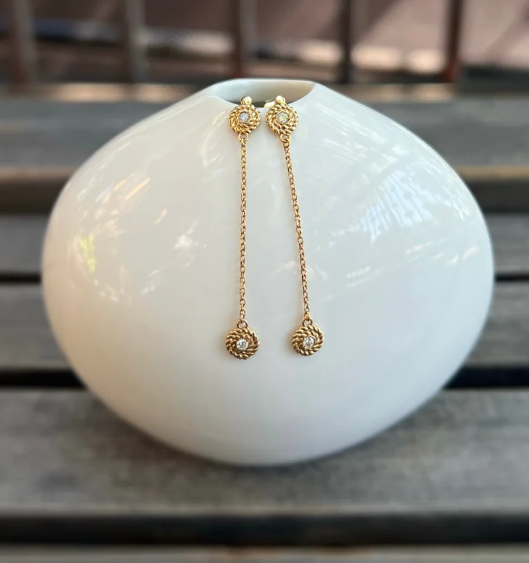 Unique Gold Drop Earrings-Diamond Discs on Chain Drop Earrings