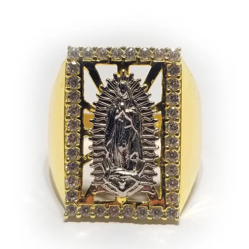 Trendy Gemstone Band Ring with Multiple Stones-Virgin Mary (Virgen Maria) Yellow Gold Ring (14K)