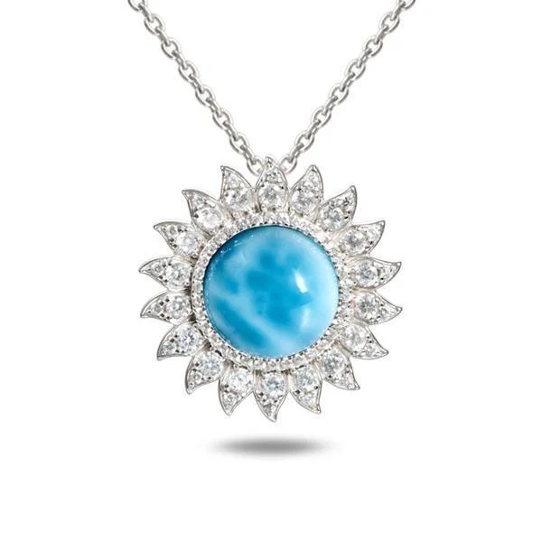 Statement Necklace with Large Gemstones-Pavé Larimar Sunflower Pendant