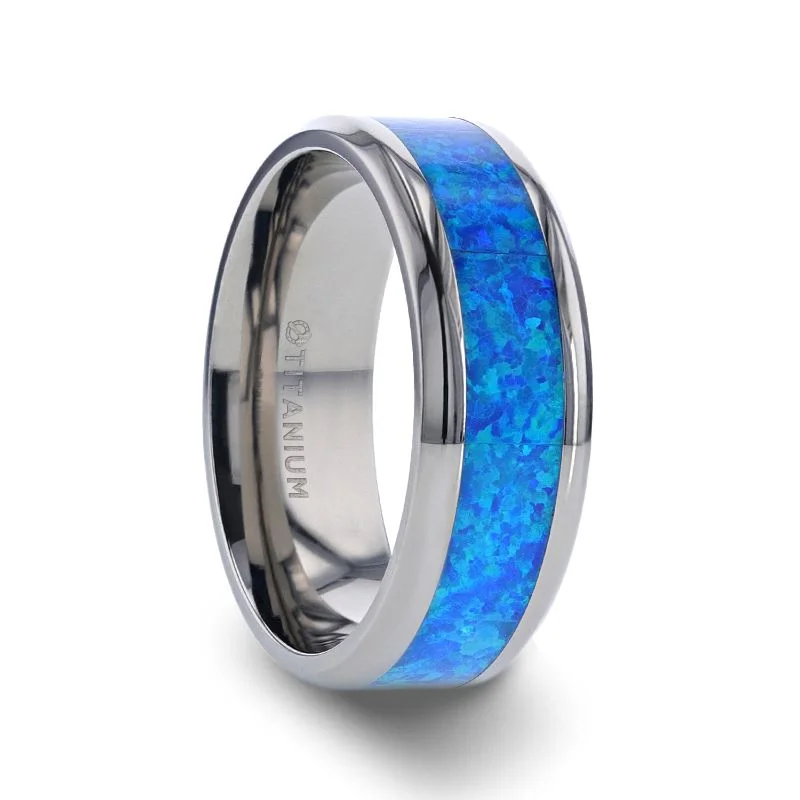 Luxury Wedding Ring with Diamond and Ruby Accents-Thorsten GALAXY Titanium Polished Beveled Edge with Blue Green Opal Inlay Ring- 8 mm