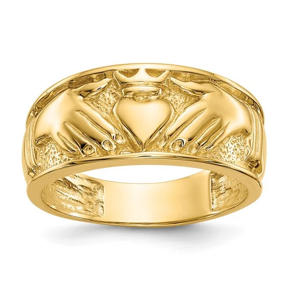 Classic Engagement Ring with Cushion Cut Diamond-14k Yellow Gold Polished Men's Claddagh Band