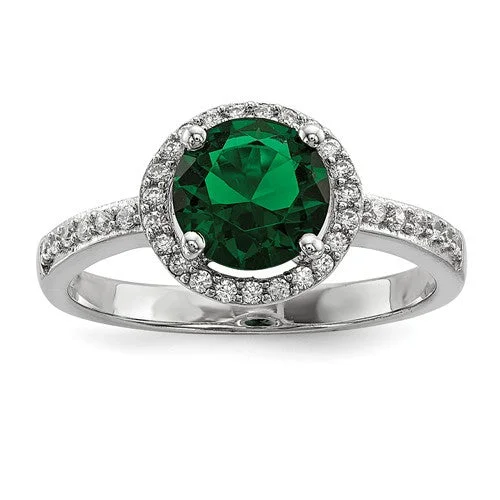 Custom Men’s Ring with Birthstone and Engraving-Sterling Silver White & Green CZ Brilliant Embers Halo Ring