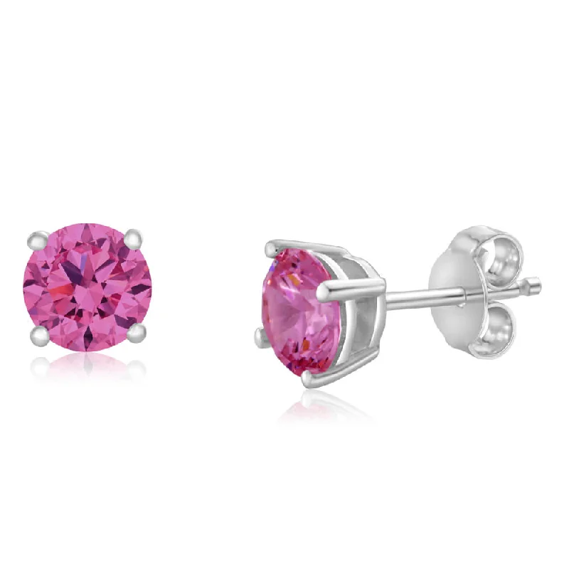 Bright Gemstone Earrings for Summer-Sterling Silver Zirconia Round 6.55mm Pink Stud Earrings