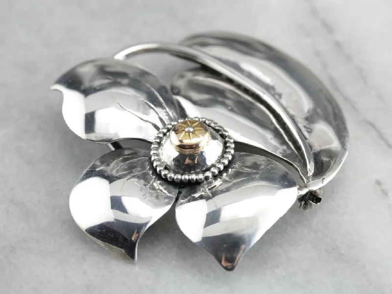 Elegant Silver Brooch-Sterling Silver and Gold Pretty Dogwood Flower Brooch