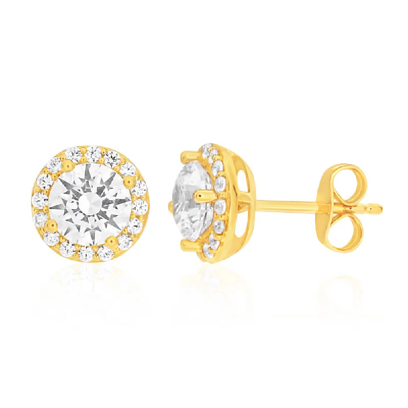 Large Hoop Earrings for Casual Wear-9ct Yellow Gold Cubic Zirconia Halo Stud Earrings