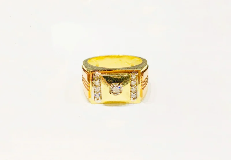 Vintage Sapphire Wedding Ring with Diamond Inlay-Two-tone Square CZ Ring (10K).