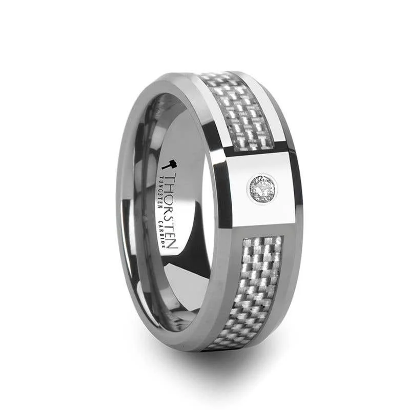 Customizable Wedding Ring Set for Brides and Grooms-Thorsten ROYCE Tungsten Wedding Band White Carbon Fiber Diamond Setting - 8mm