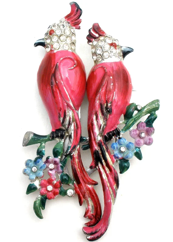 Luxury Brooch With Pearls-Coro Calopsitta Pink Bird Duette Brooch Set c. 1941