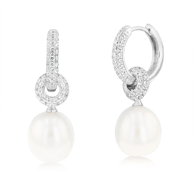 Stylish Gemstone Earrings for Weddings-Sterling Silver Rhodium Plated 10.5-11mm Drop Fresh Water Pearl And Zirconia Earrings