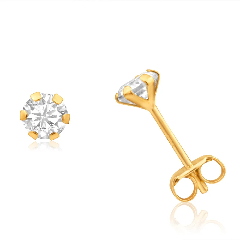 Elegant Gold Drop Earrings-9ct Yellow Gold Cubic Zirconia 4mm 6 Claw Stud Earrings