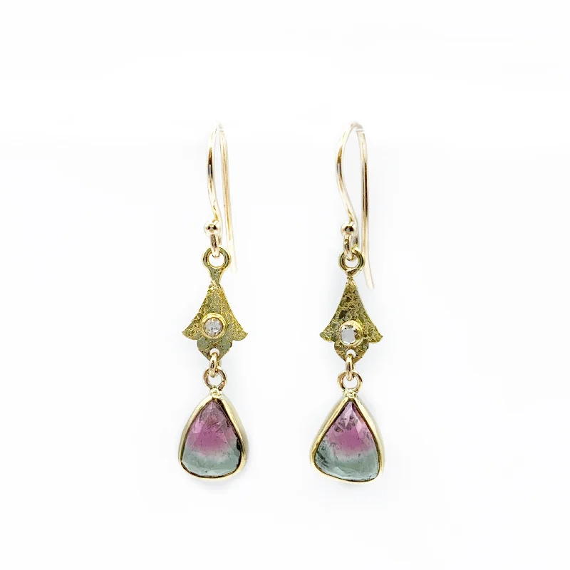 Luxury Silver Hoop Earrings for Brides-Watermelon Tourmaline with 14 Karat Yellow Gold and Diamond Drop Earrings