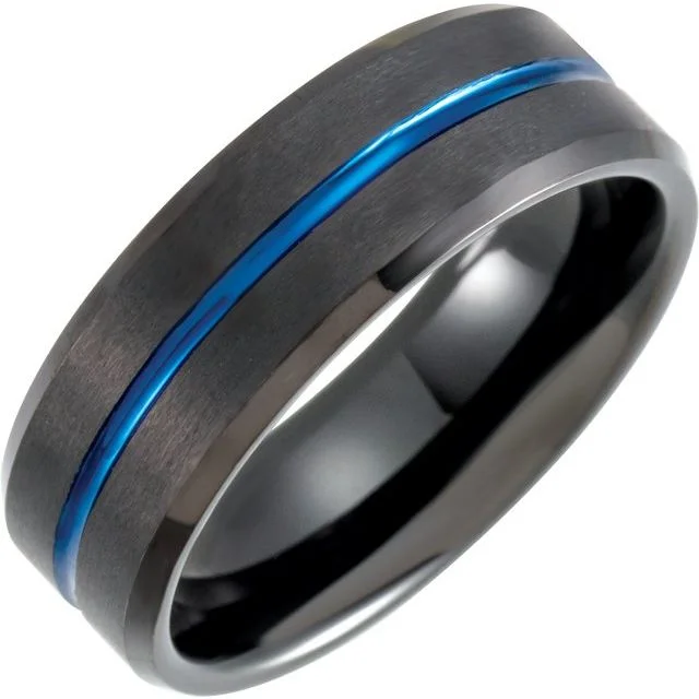 Classic Wedding Ring with Emerald for Special Occasions-Black & Blue PVD Tungsten 8 mm Grooved Band