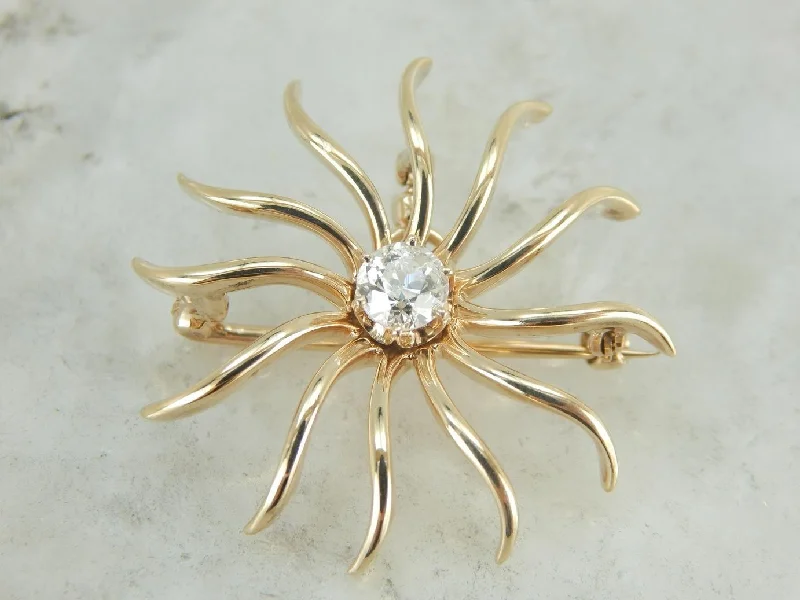 Brooch For Autumn Fashion-Diamond Sun Pendant or Brooch in Yellow Gold