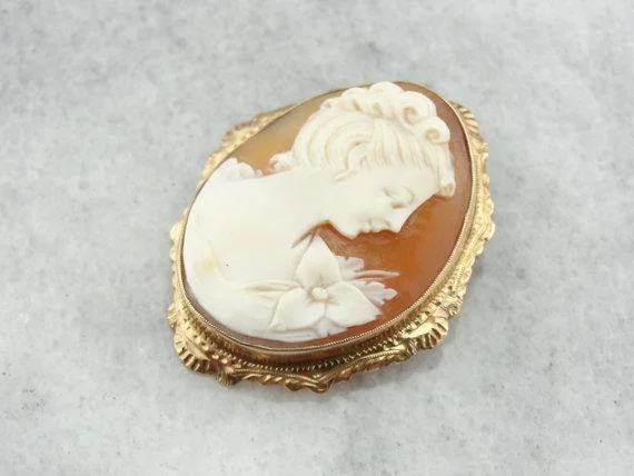 Stylish Brooch For Bridal Gowns-Exquisite Cameo with Flower Shoulder Brooch or Pendant