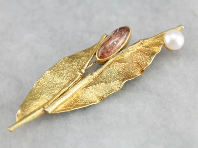 Large Crystal Brooch-Ann Krupp Sunstone Leaf Gold Brooch