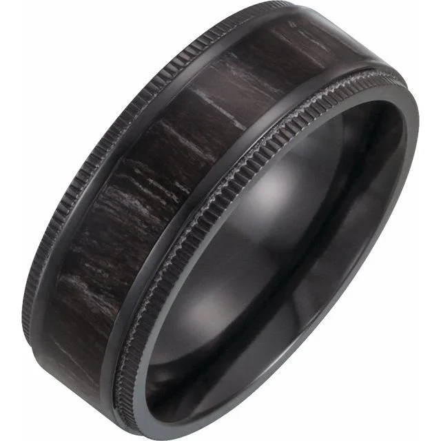 Customizable Rose Gold Ring with Personal Engraving-Black Titanium 8 mm Coin-Edge Band with Wood Inlay