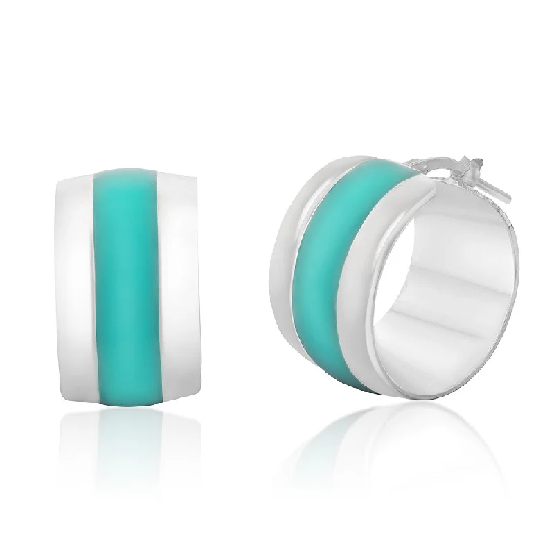 Custom Pearl Earrings for Brides-Sterling Silver Aqua Enamel On Wide Hoop Earrings