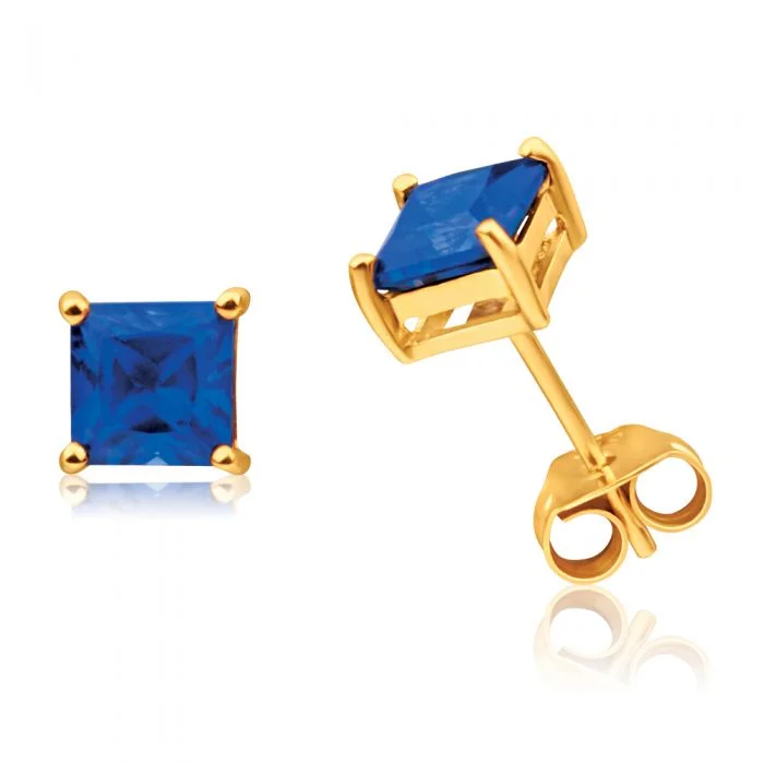 Unique Stud Earrings with Diamonds-9ct Yellow Gold Created Sapphire 5mm Princess Cut Stud Earrings