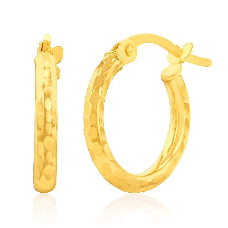 Geometric Hoop Earrings for Fashion-9ct Yellow Gold Double Side Diamond Cut 10mm Hoop Earrings