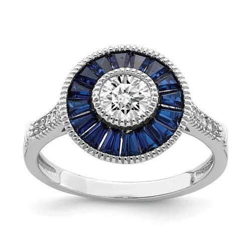 Personalized Engagement Ring with Sapphire Accents-Sterling Silver Created Blue Spinel And CZ Halo Ring