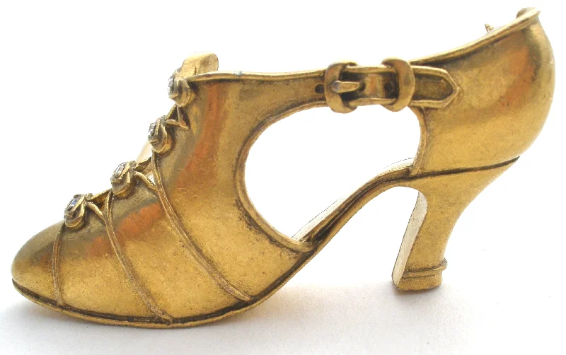 Designer Brooch With Sparkling Gems-Vintage Shoe Brooch MMA Matte Gold Tone Pin