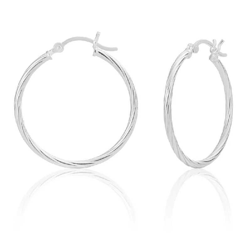 Sparkly Hoop Earrings with Diamonds-Sterling Silver 30mm Twist Hoop Earrings