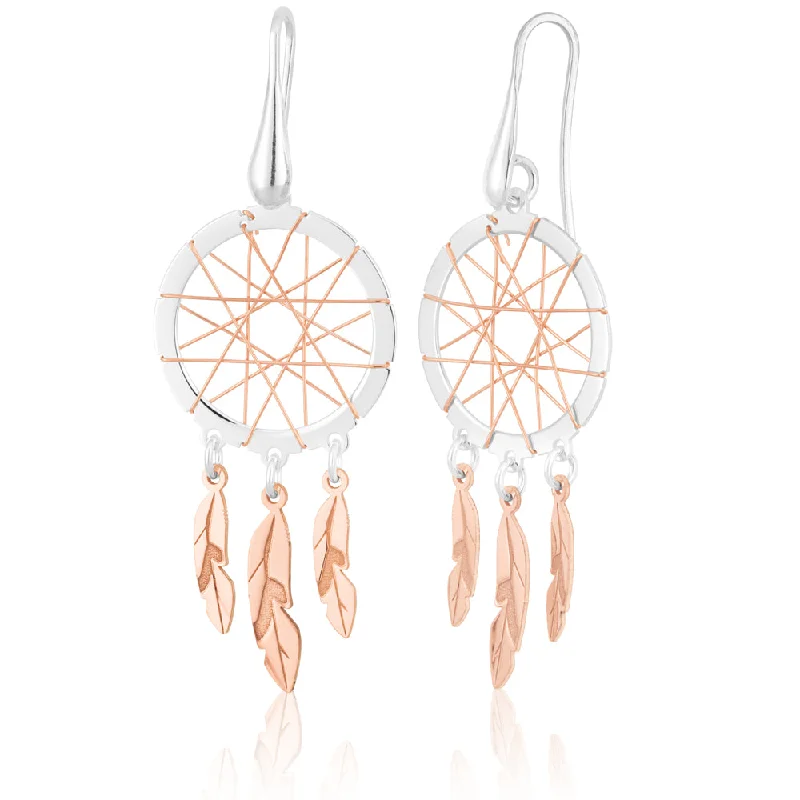 Trendy Stud Earrings for Teens-Sterling Silver Rose Plated Two tone 50mm Dream Catcher Earrings